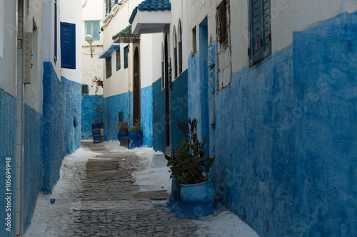 traditional blue and white street in the ancient kasbah of Rabat