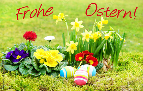 Ostern, Easter, Frohe Ostern!, Schrift, Osterkarte, Ostereier, Frühlingsblumen, Wiese, Ostergrüße