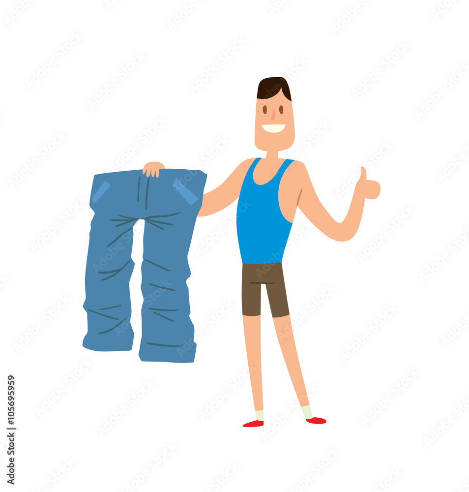 Man shows his weight loss by wearing an old jeans flat vector illustration. Man shows his weight loss by wearing an old jeans flat vector illustration.