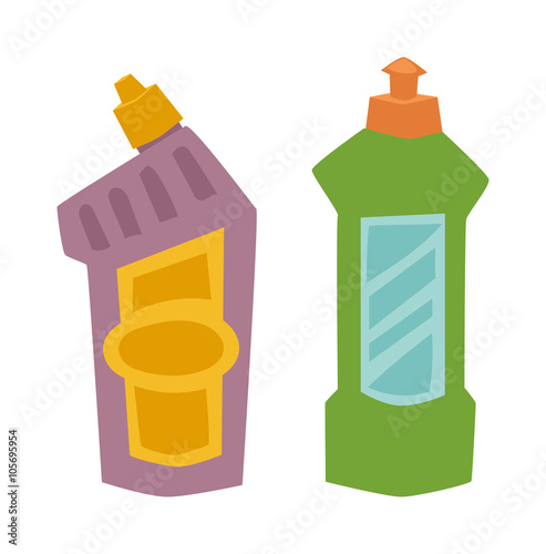Two plastic spray cleanser bottle with cleaning liquid flat vector illustration. 