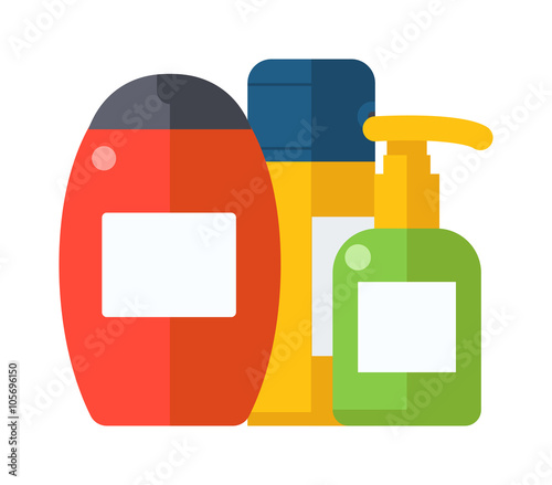Cosmetic packaging plastic shampoo or shower gel bottle flat vector illustration. 