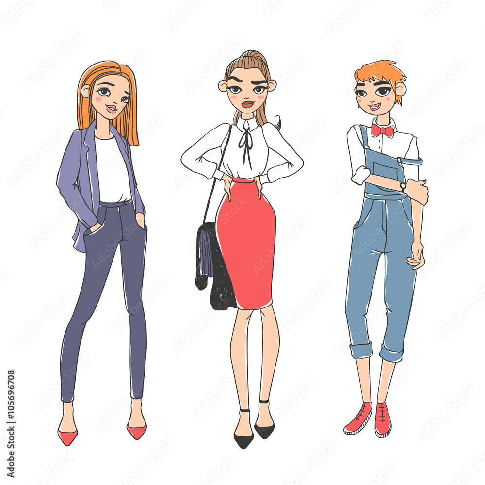 Fashion looks pure beauty two girls colored silhouette flat vector illustration.