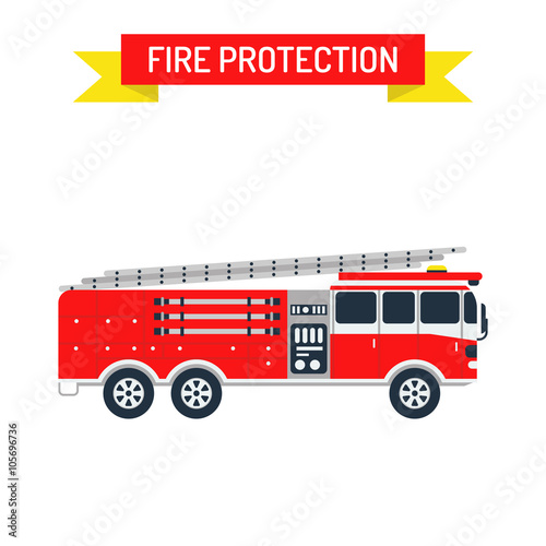 Detailed illustration of fire truck emergency car cartoon vector in a flat style. 