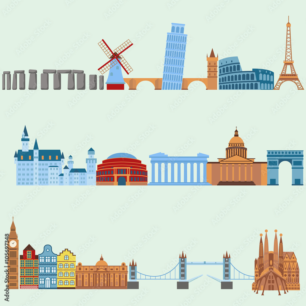 Travel outdoor Euro trip vacation travelling concept flat design vector illustration.