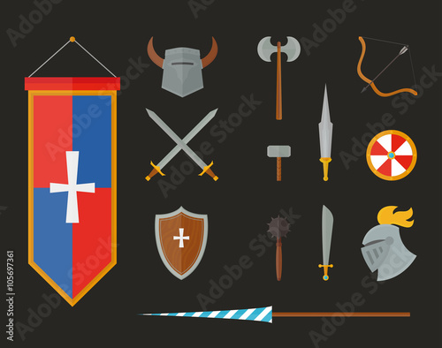 Knight armour with helmet, chest plate, shield and sword flat vector illustration isolated on white background. 