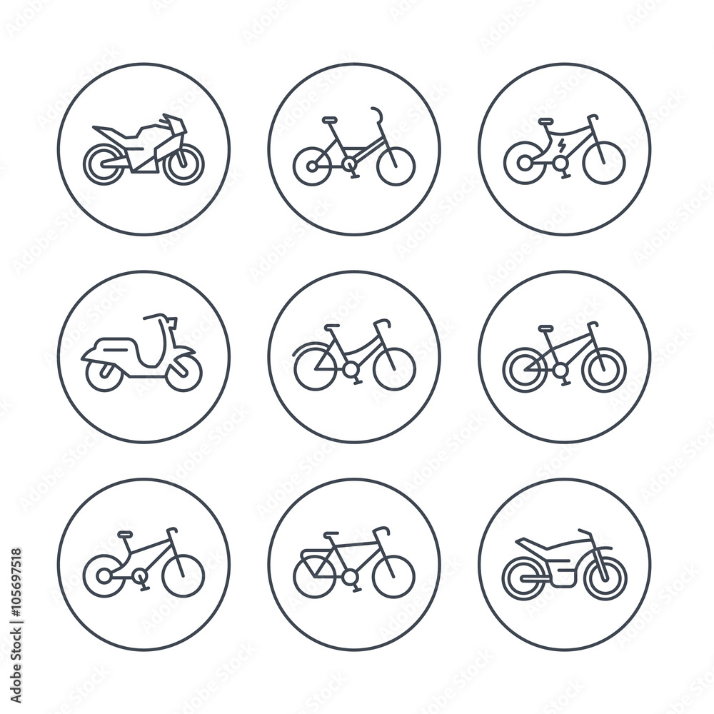 Bikes line icons, bicycle icon, bike, cycling, motorcycle, motorbike, fat bike, scooter, retro bike, electric bike, isolated icons, vector illustration