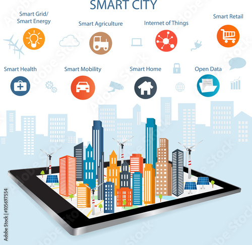 Smart city on a digital touch screen tablet with different icon and elements and environmental care.Modern city design with future technology for living. Controlling your home appliances with tablet