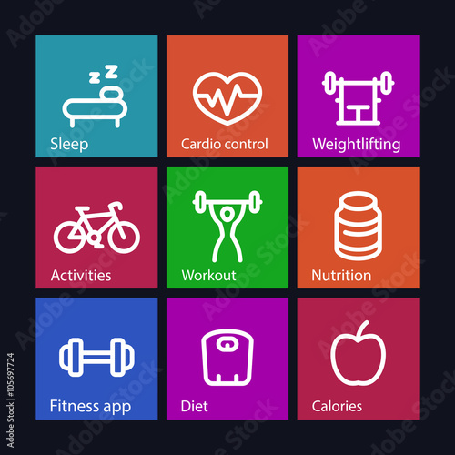 Fitness thick line icons, fit and active lifestyle, training, workout, fitness icons on color squares, vector illustration