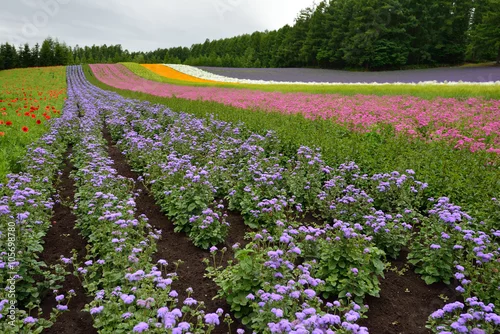 Obraz Znakomity widok Japońska lawenda w pełnym rozkwicie i kolorowe kwiatowe pole Furano Hokkaido