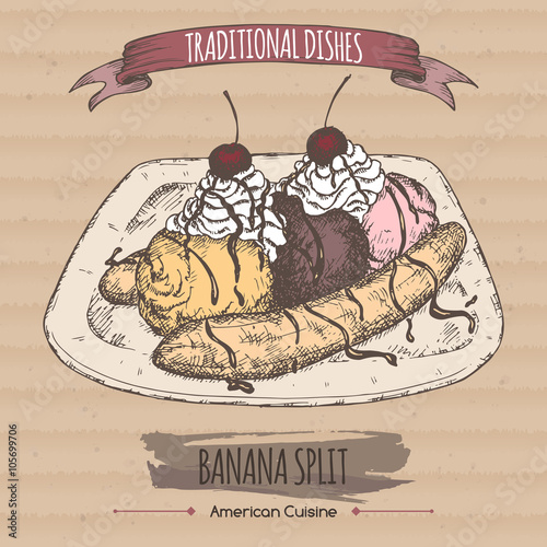 Color banana split dessert sketch placed on cardboard background. 