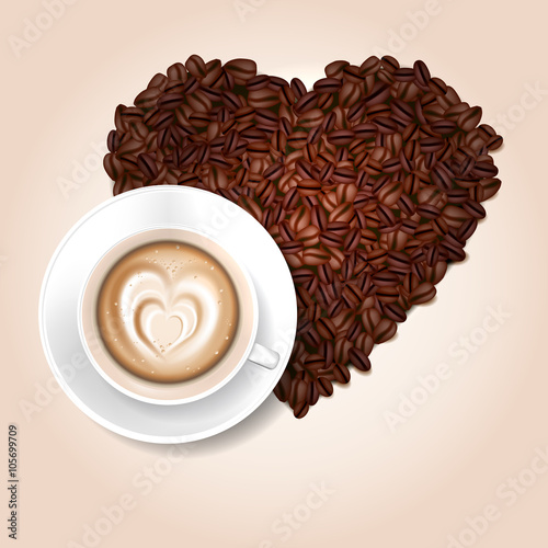 Cup of coffee and coffee beans heart shape