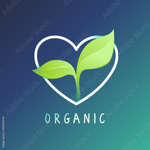 Vector logo design template - nature love - heart with green leaf