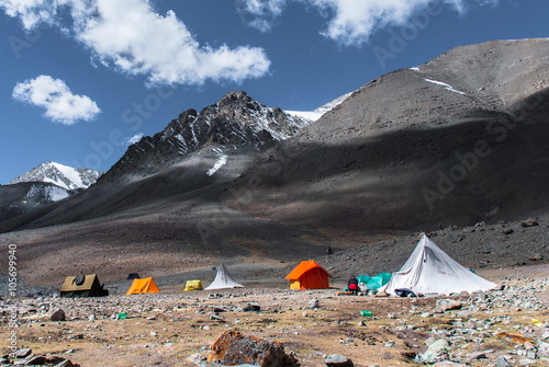 First camp on the way up to Stok Kangri, 6000+ meters high peak in Himalayas near Leh, Ladakh.