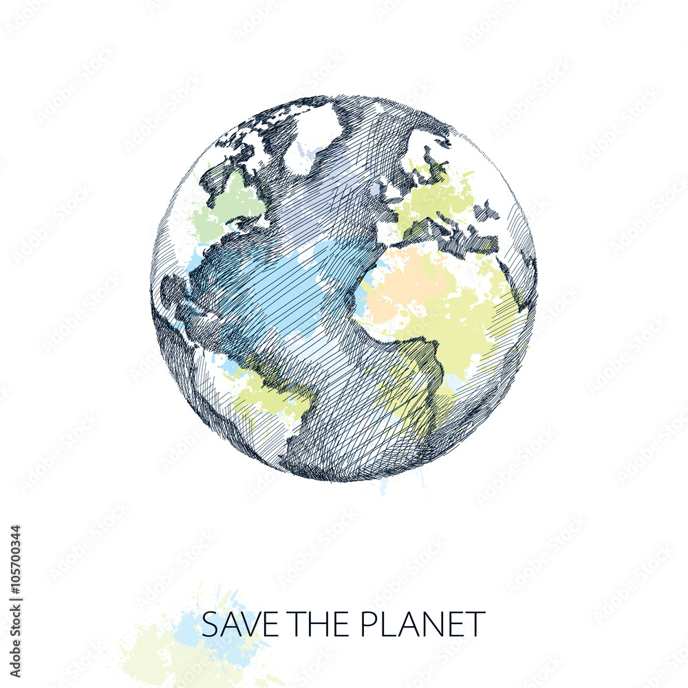 Naklejka Szkic wektor planety ziemi na czarno na białym tle z pastelowymi plamami. Element projektu kreskowania. Plakat na Dzień Ziemi 22 kwietnia.