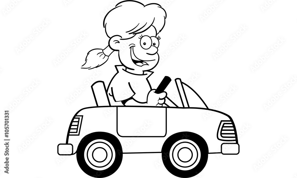 Black and white illustration of a girl driving a toy car. Black and white illustration of a girl driving a toy car.
