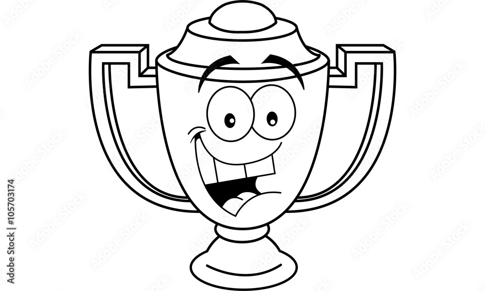 Black and white illustration of a smiling trophy cup. Black and white illustration of a smiling trophy cup.