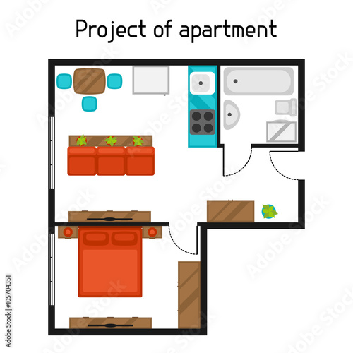 Architectural project of apartment with furniture. Image for banners, web sites, designs
