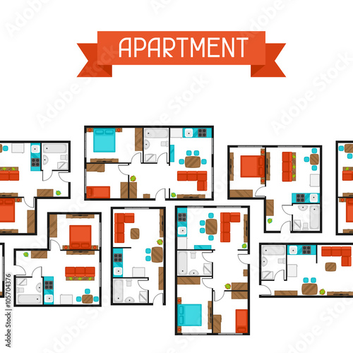 Seamless pattern with architectural projects of apartment and furniture