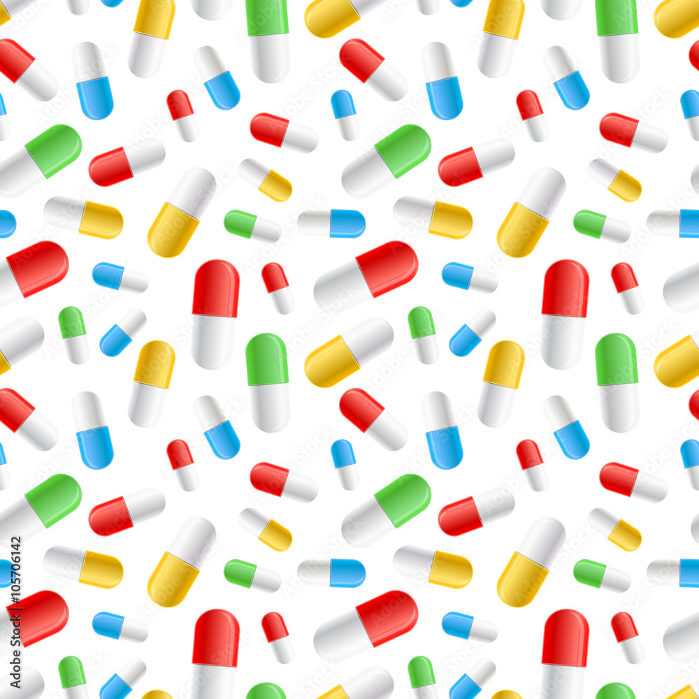 Many colourful pills capsules on white, seamless pattern