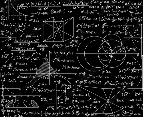 Mathematical vector seamless pattern with plots, formulas, geometrical figures and calculations. You can use any color of background