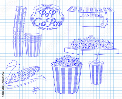Popcorn machine, ear of corn, stack of small & big popcorn boxes