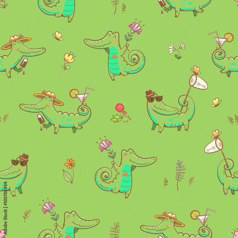 Summer seamless pattern with cute carton crocodiles, ice cream, sunglasses, net  and cocktails. Animals and flowers on  green  background. Vector image.