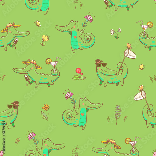 Summer seamless pattern with cute carton crocodiles  ice cream  sunglasses  net  and cocktails. Animals and flowers on  green  background. Vector image.