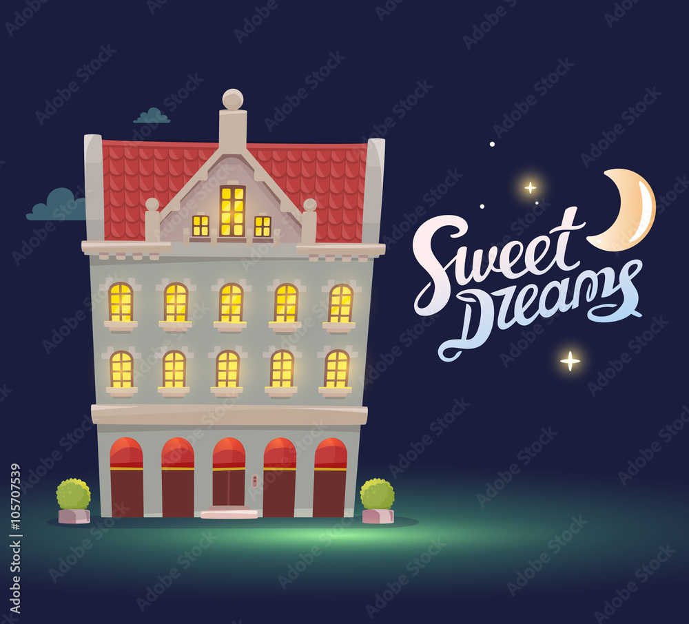 Vector illustration of night house with red roof on dark blue sk