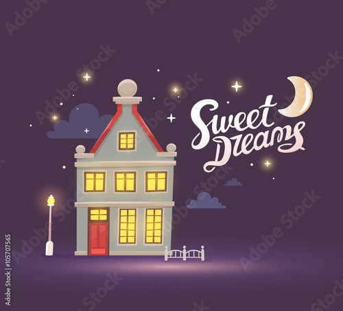 Vector illustration of night house with street lamp and fence on