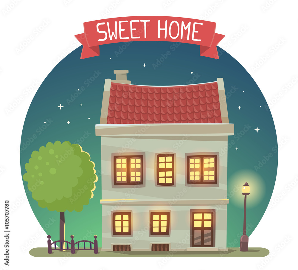 Vector illustration of night house with street lamp and tree in
