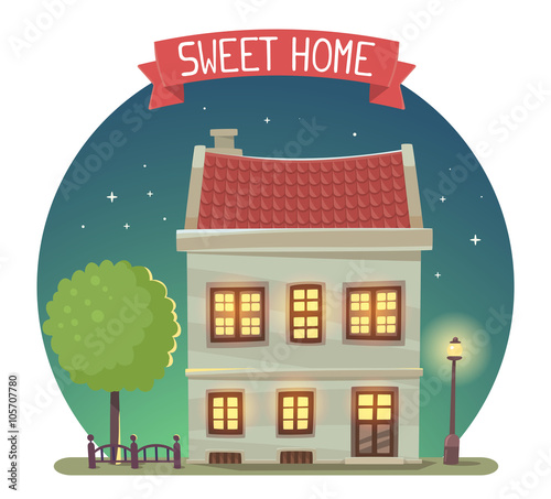 Vector illustration of night house with street lamp and tree in