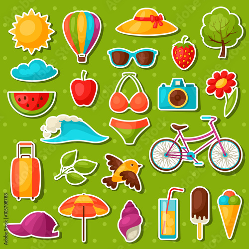 Set of summer stickers. Design for cards, covers, brochures and advertising booklets