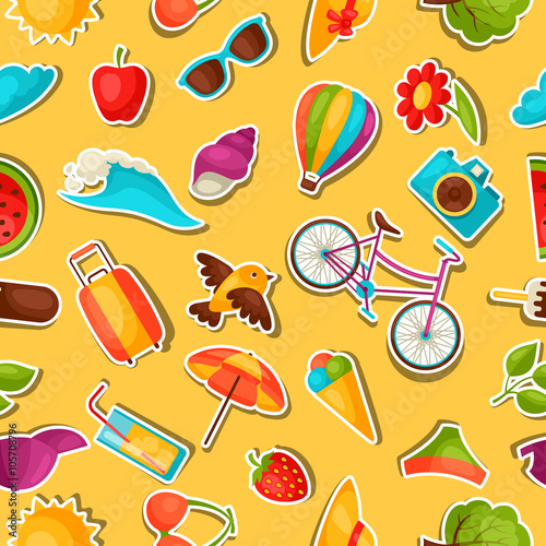 Seamless pattern with summer stickers. Background made without clipping mask. Easy to use for backdrop, textile, wrapping paper
