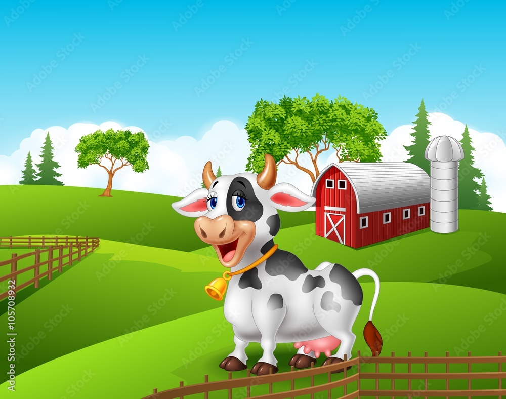 Cartoon funny cow in the farm landscape background Stock Vector | Adobe  Stock