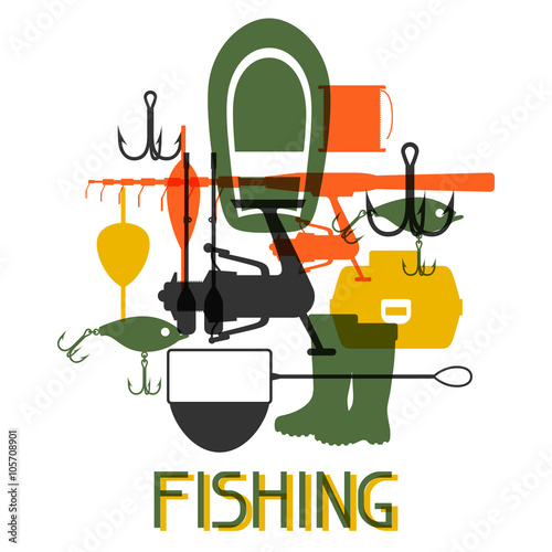 Background with fishing supplies. Design for flayers, covers, brochures and advertising booklets