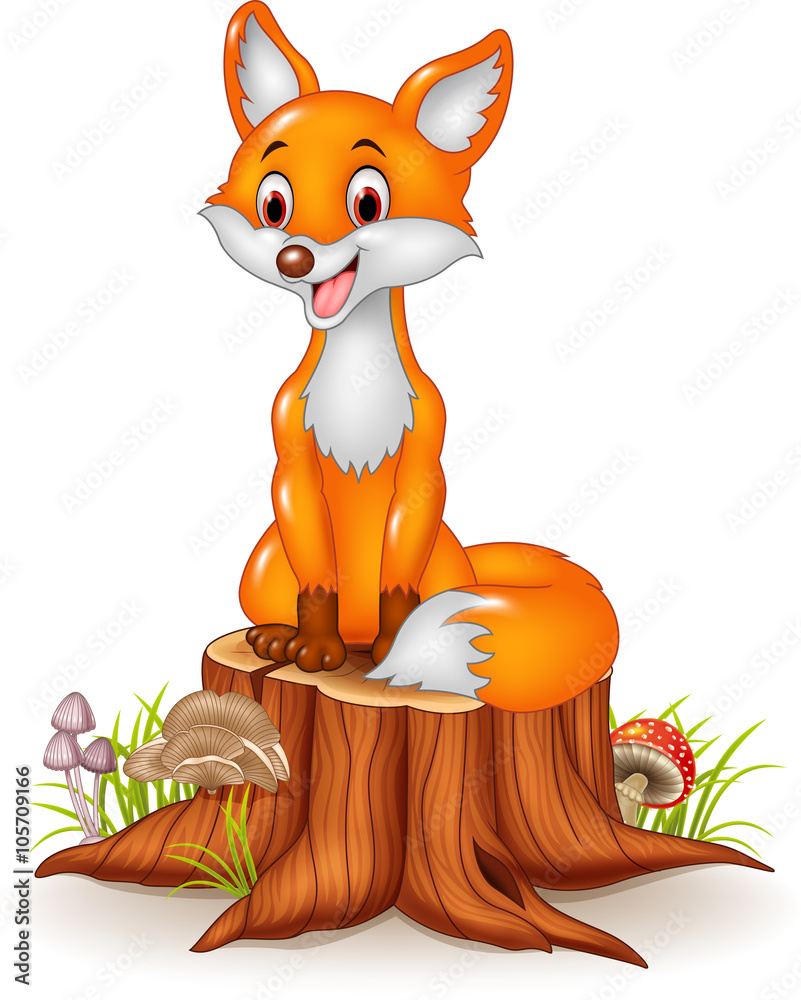 Obraz premium Cartoon happy fox sitting on tree stump