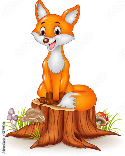 Cartoon happy fox sitting on tree stump