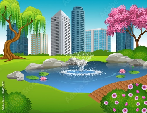 Illustration of City Park and Skyscrapers