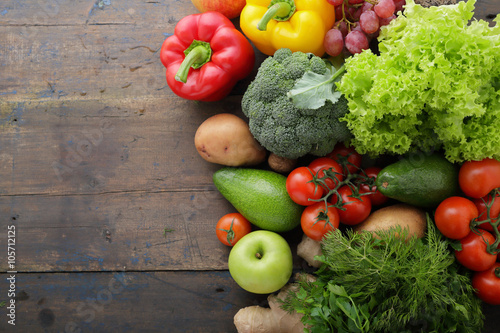  vegetables and fruits on boards with space for text