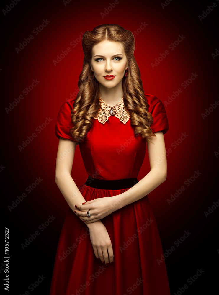 Woman Red Dress, Fashion Model in Retro Clothes Lace Collar Woman Red Dress, Fashion Model in Retro Clothes Lace Collar