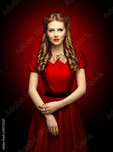 Woman Red Dress, Fashion Model in Retro Clothes Lace Collar