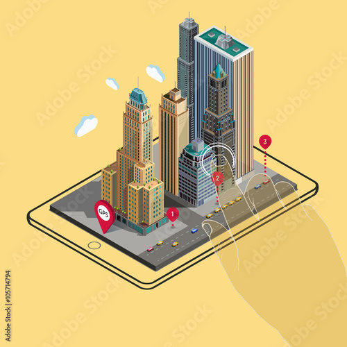 Flat 3d isometric map on tablet GPS navigation app