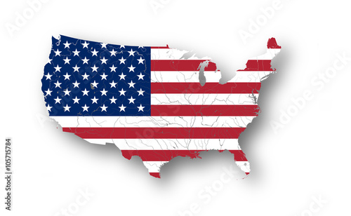 Map of the USA with American flag. Colors of flag are proper. Rivers and lakes are shown.