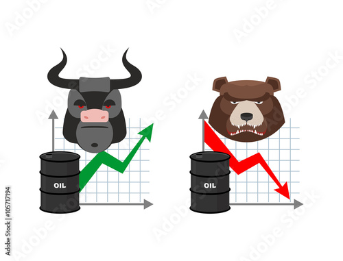 Oil quotations increase. Barrel of oil declines. Bull and bear.