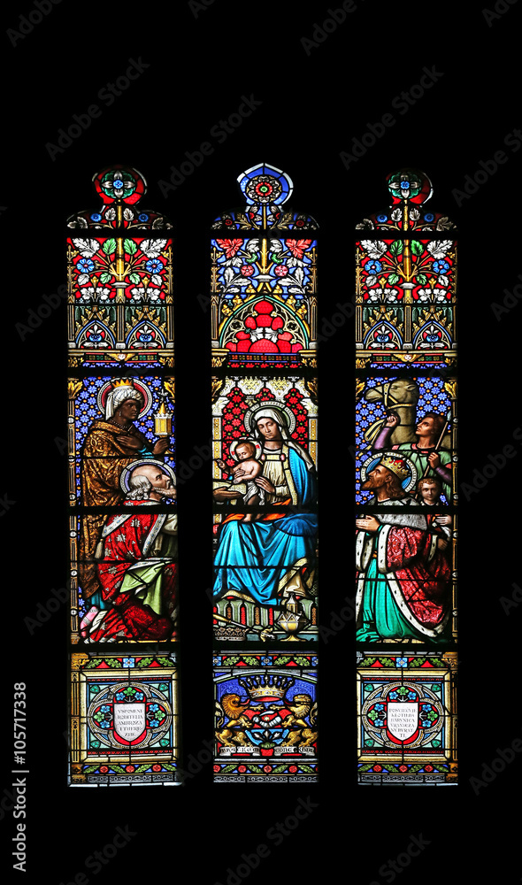 Nativity Scene, Adoration of the Magi, stained glass window in parish church of Saint Mark in Zagreb, Croatia 