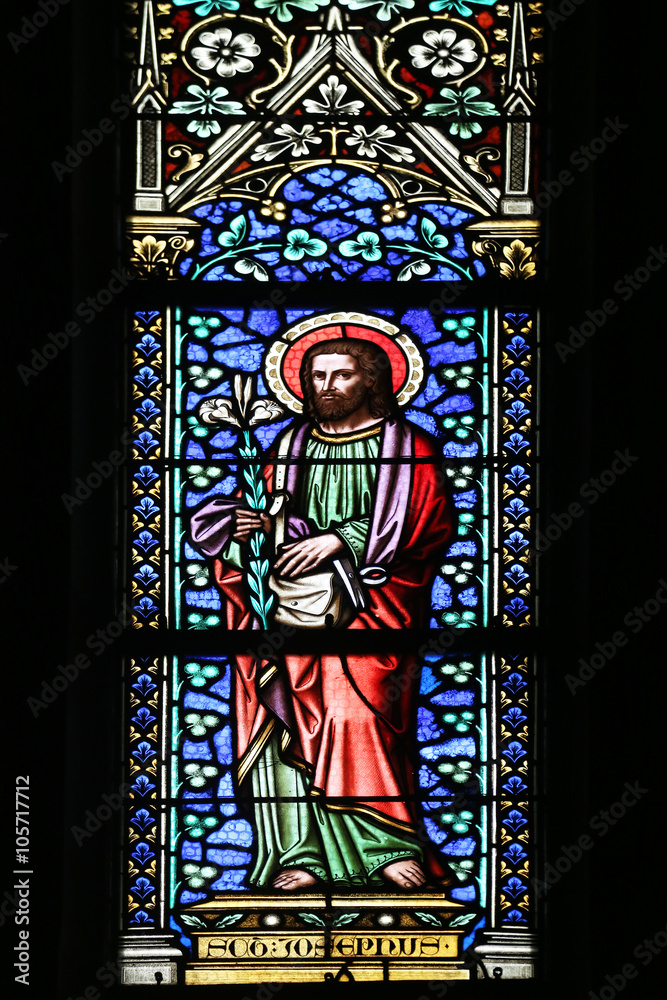 Saint Joseph, stained glass window in parish church of Saint Mark in Zagreb, Croatia