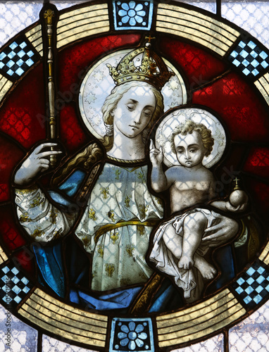 Virgin Mary with baby Jesus, stained glass window in Basilica Assumption of the Virgin Mary in Marija Bistrica, Croatia
