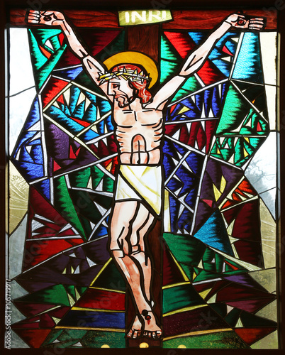 Crucifixion, stained glass window in Memorial Church of the Passion of Jesus in Macelj, Croatia 