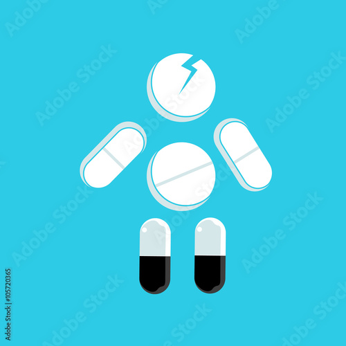 Vector flat illustration of tablet and pill. Tablets and pills - the concept of pain. Set flat tablets and a pills on blue background. Tablets and pills from pain.
