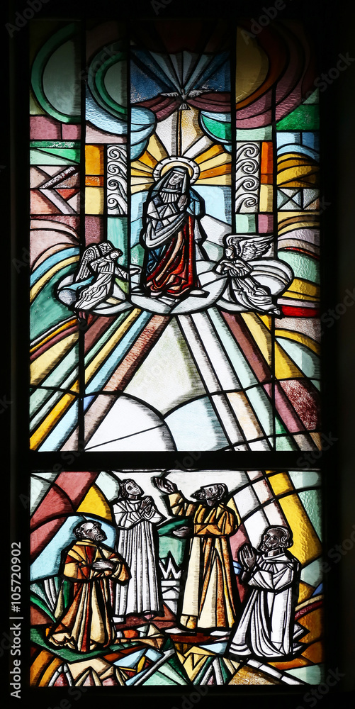Assumption of the Virgin Mary, stained glass window in Parish church of the St. George in Durmanec, Zagorje region, Croatia 